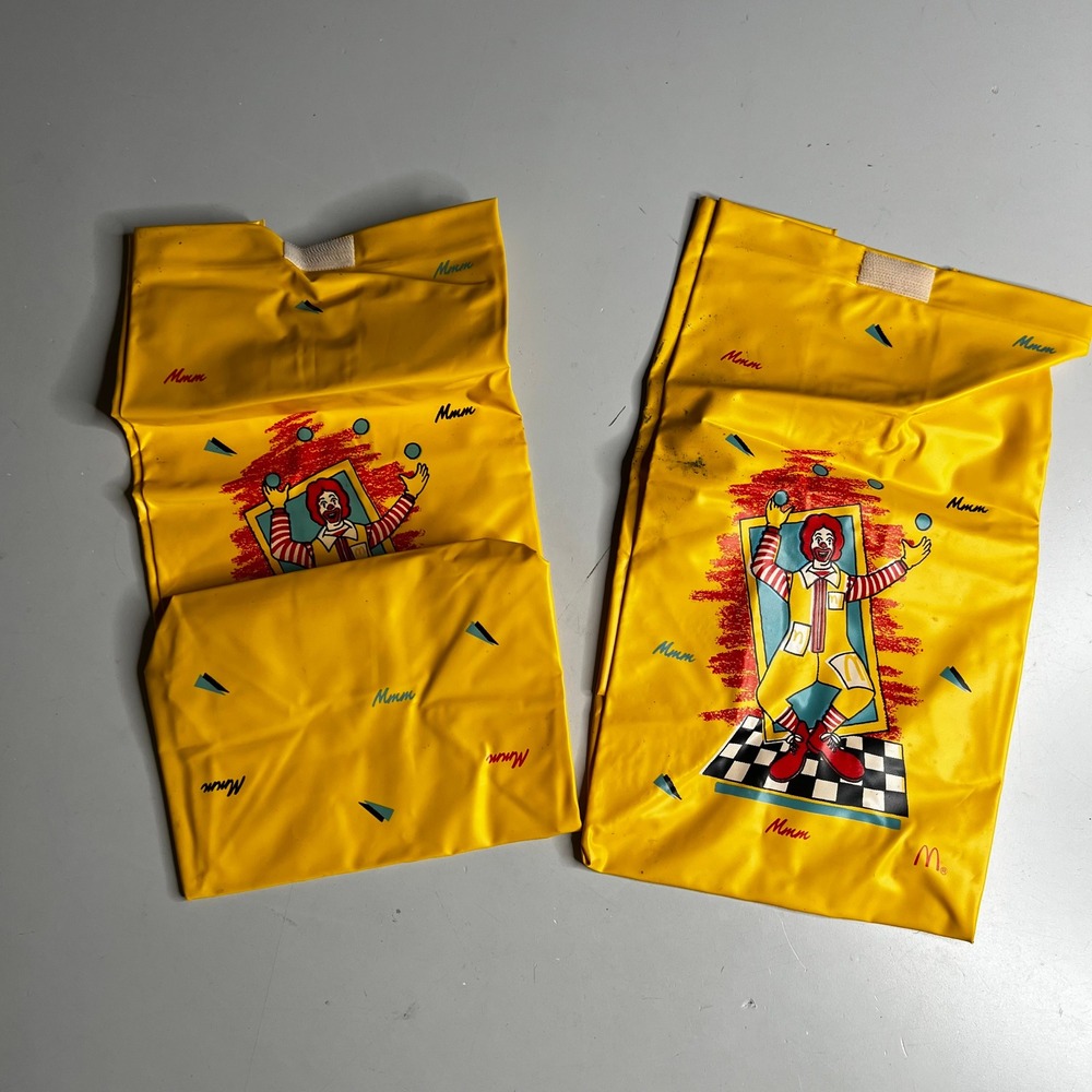 Vintage 1988 McDonalds Ronald‎ McDonald Vinyl Reusable Lunch Bag Set Yellow 2pc